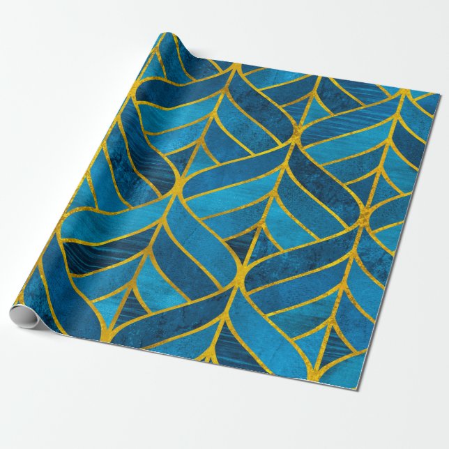 Gold and blue pattern on grunge background, seamle wrapping paper (Unrolled)