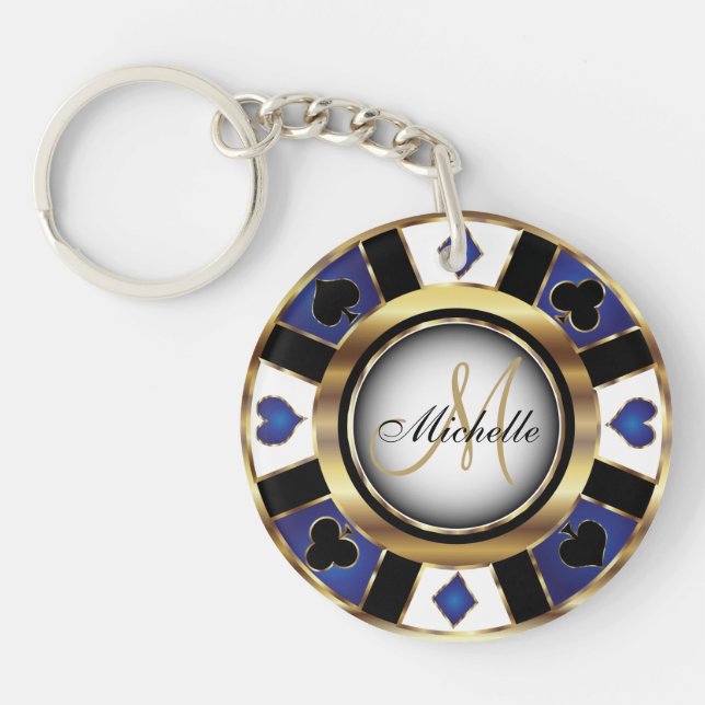 Gold and Blue Poker Chip Design - Monogram Key Ring (Front)