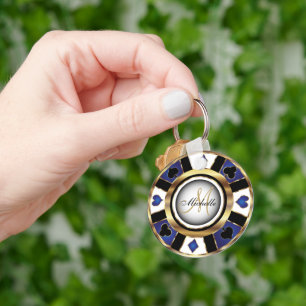 Gold and Blue Poker Chip Design - Monogram  Key Ring