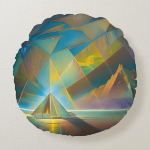 gold and blue pyramid abstract art round cushion