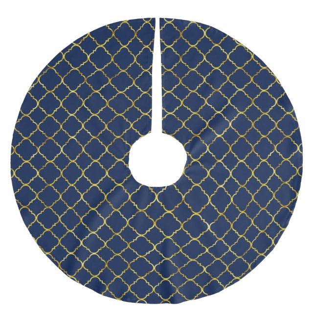 Gold and Blue Quatrefoil Brushed Polyester Tree Skirt (Front)