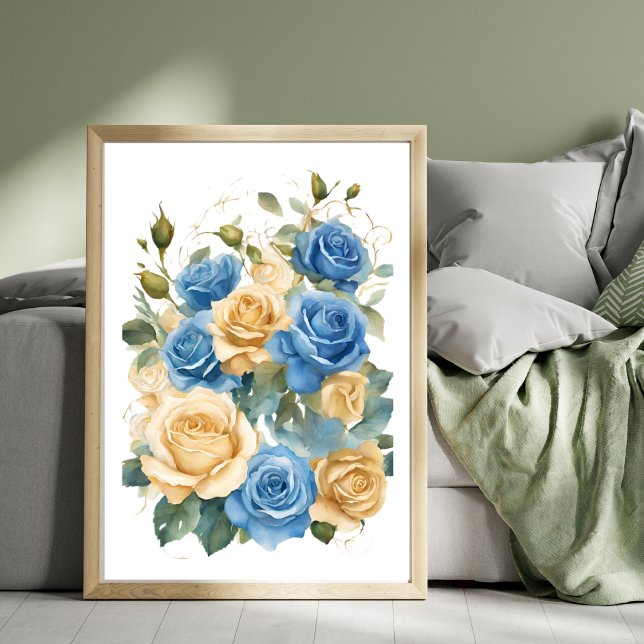 Gold and Blue Roses Romantic Watercolor Poster (Gold and Blue Roses Romantic Watercolor Poster)