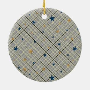 Gold and blue stars on a grey chequered background ceramic ornament