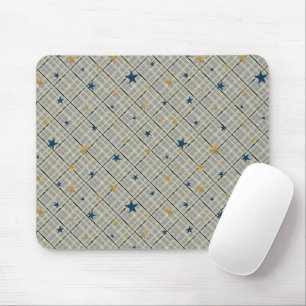 Gold and blue stars on a grey chequered background mouse pad