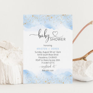 Gold and Blue Watercolor Baby Shower  Invitation