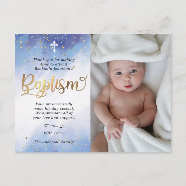 Gold and Blue Watercolor Baptism Photo Thank You Postcard (Front)