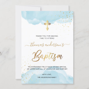 Gold And Blue Watercolor Boy Baptism Thank You Card