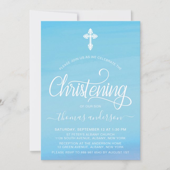 Gold And Blue Watercolor Boy Christening Invitation (Front)