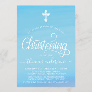 Gold And Blue Watercolor Boy Christening Invitation