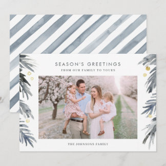 Gold and Blue Watercolor Winter Foliage Holiday Ca Card