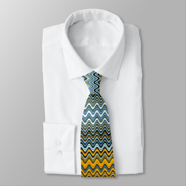 Gold and Blue Wavy Stripes Tie (Tied)