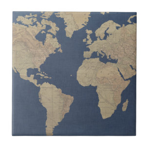 Gold and Blue World Map Ceramic Tile