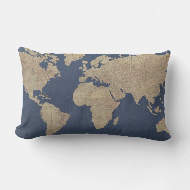 Gold and Blue World Map Lumbar Cushion (Front)