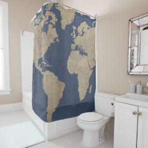 Gold and Blue World Map Shower Curtain
