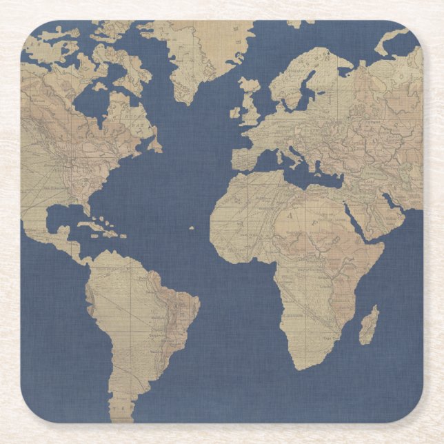 Gold and Blue World Map Square Paper Coaster (Front)