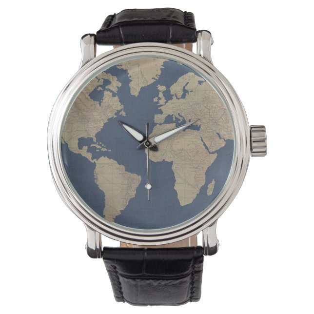 Gold and Blue World Map Watch (Front)