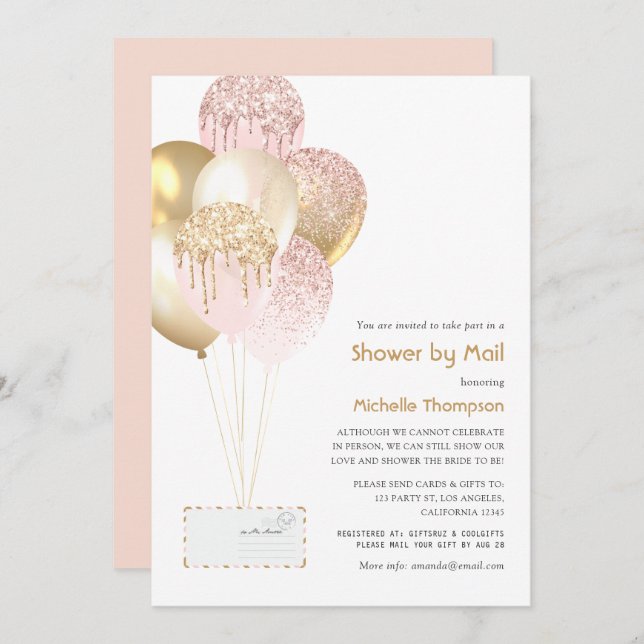 Gold and Blush Baby or Bridal Shower by Mail Invitation (Front/Back)