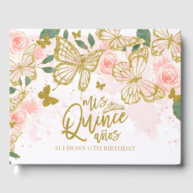 Gold And Blush Pink Butterfly Floral Quinceanera Guest Book (Front)