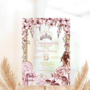 Gold and Blush Pink Tiara Floral Quinceañera Acrylic Invitations