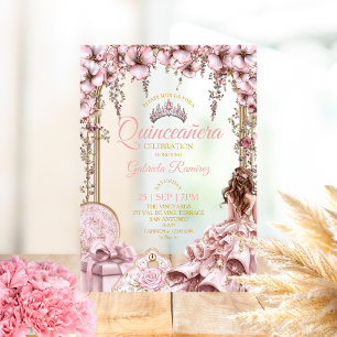 Gold and Blush Pink Tiara Floral  Quinceañera Acrylic Invitations