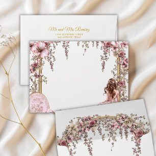 Gold and Blush Pink Tiara Floral  Quinceañera Envelope