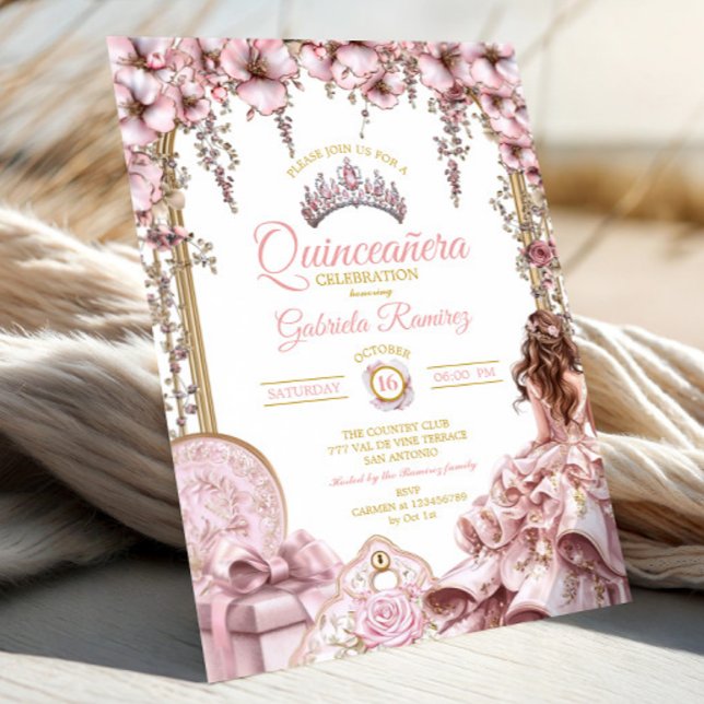 Gold and Blush Pink Tiara Floral Quinceañera Invitation (Creator Uploaded)
