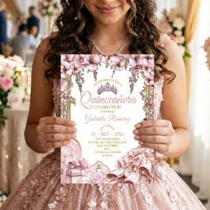 Gold and Blush Pink Tiara Floral Quinceañera Invitation