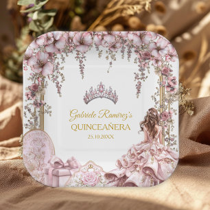 Gold and Blush Pink Tiara Floral Quinceañera Paper Plate