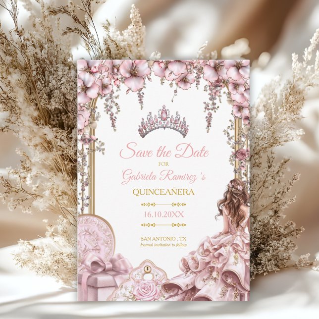 Gold and Blush Pink Tiara Floral Quinceañera Save The Date (Creator Uploaded)