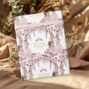 Gold and Blush Pink Tiara Floral Quinceañera Wrapping Paper