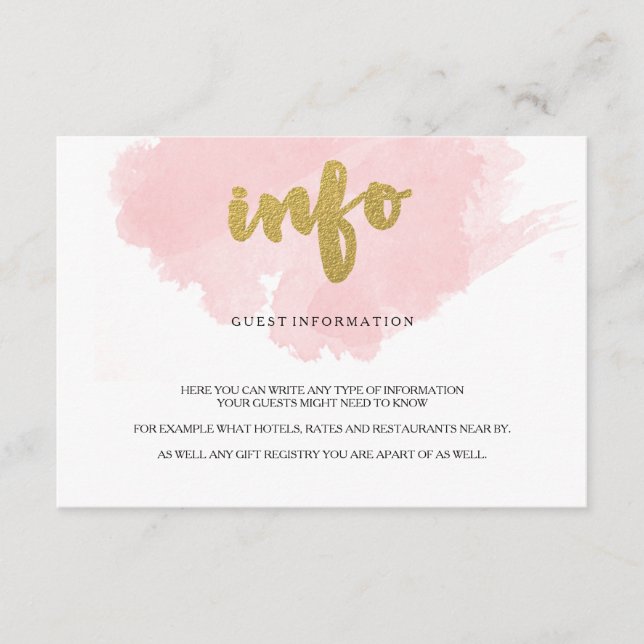 Gold and Blush Watercolor Guest Information Enclosure Card (Front)