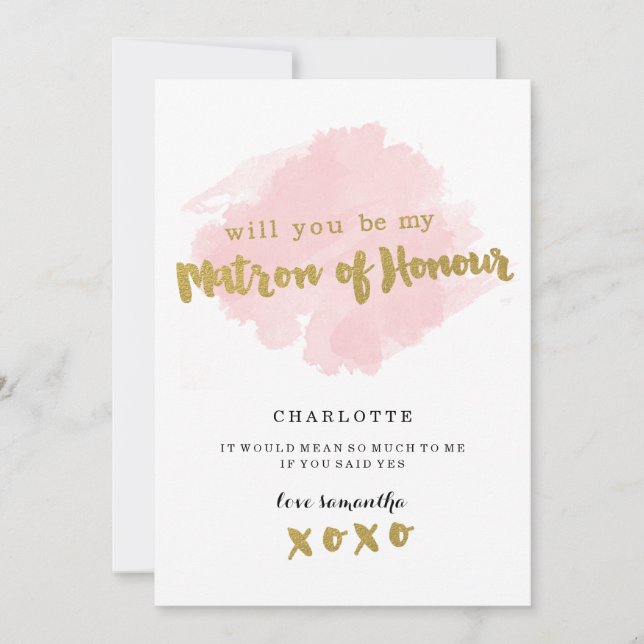 Gold and Blush Will You Be My Matron of Honour? Invitation (Front)