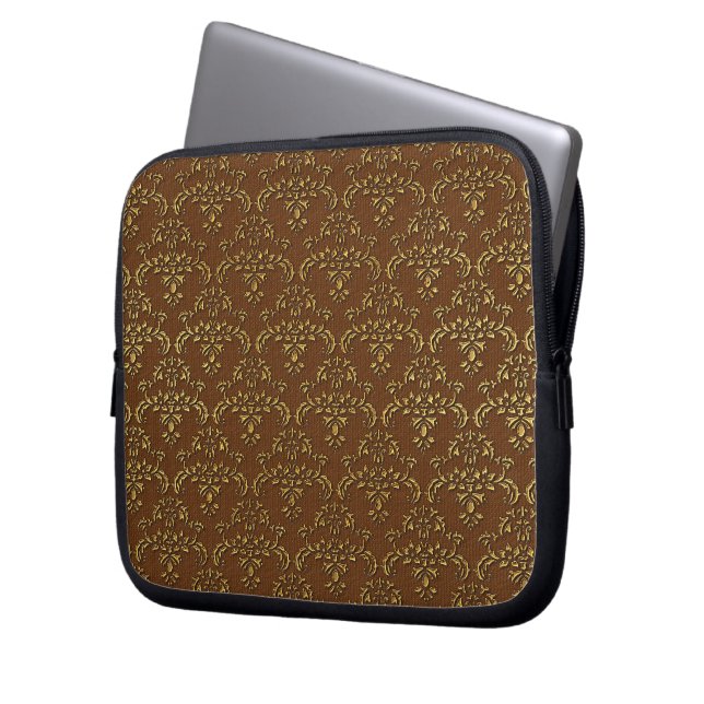 Gold and Brown Damask Pattern Laptop Sleeve (Front Left)