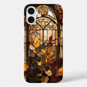 GOLD AND BROWN FALL STAINED GLASS SCENE iPhone 16 PLUS CASE