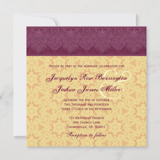 Gold and Burgundy Damask Monogram Wedding V30 Invitation (Front)