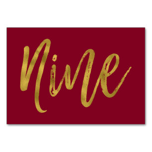 Gold and Burgundy Elegant Table Number Nine