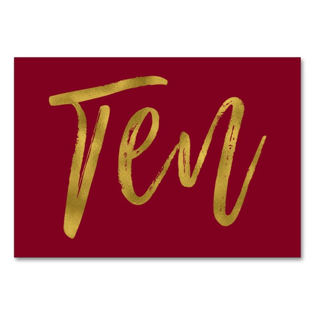 Gold and Burgundy Elegant Table Number Ten. (Front)