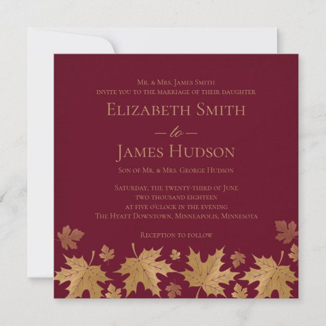 Gold and Burgundy Fall Leaves Wedding Invitation (Front)