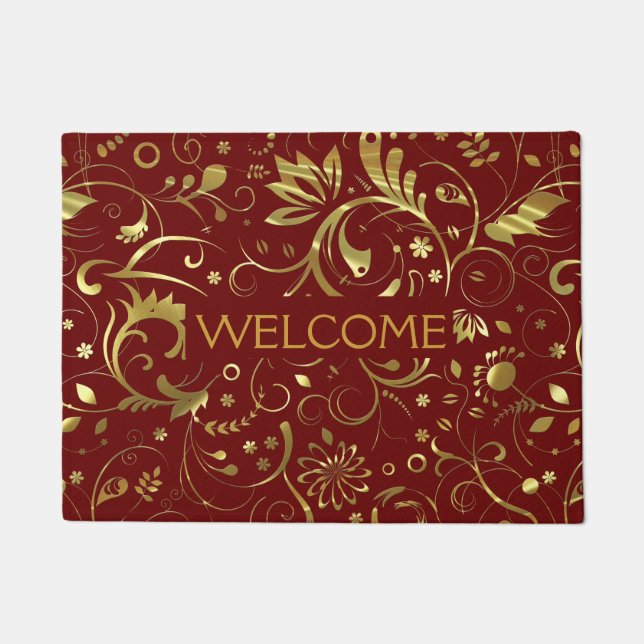 Gold And Burgundy Floral Fabric Pattern Doormat (Front)