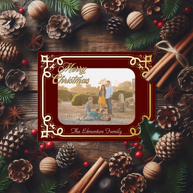 Gold and Burgundy Framed Photo Christmas Foil Holiday Postcard (Creator Uploaded)