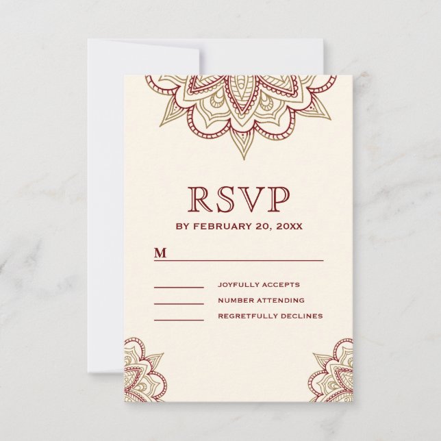 Gold and Burgundy Henna Mehndi Wedding RSVP Card (Front)