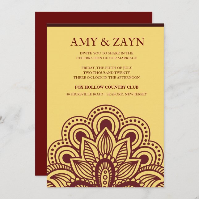 Gold and Burgundy Indian Wedding Invitation (Front/Back)