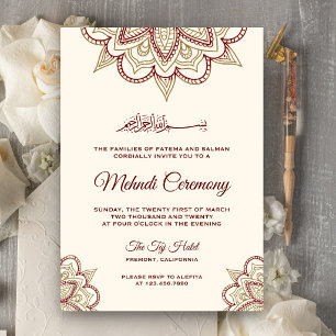 Gold and Burgundy Islamic Muslim Mehndi Ceremony Invitation