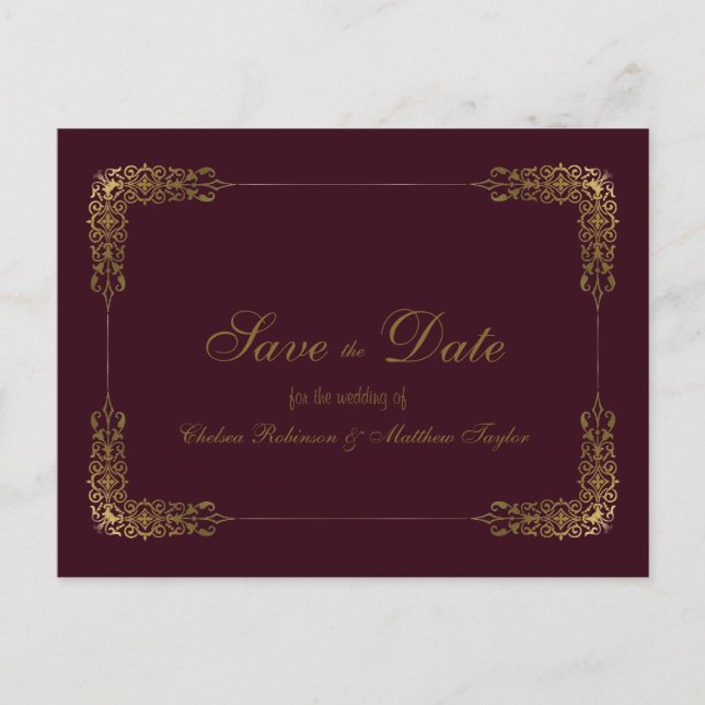 Gold and Burgundy Lace Save the Date Postcard (Front)