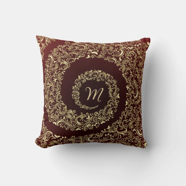 Gold and Burgundy Monogram Decorative Cushion (Front)