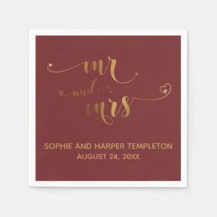 Gold and Burgundy Mr and Mrs Calligraphy w Hearts Napkin