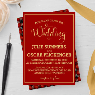 Gold and Burgundy Plaid Wedding Invitation
