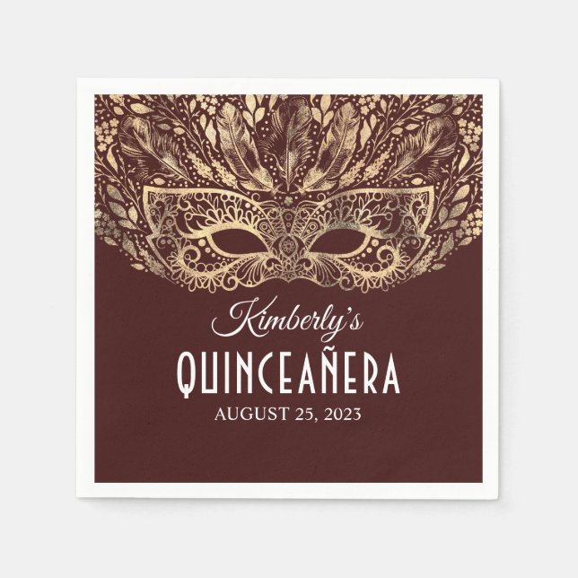 Gold and Burgundy Red Quinceanera Napkin (Front)