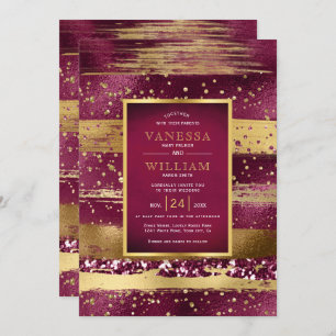 Gold and burgundy strokes and confetti wedding invitation