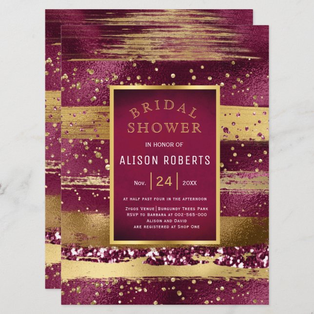 Gold and burgundy strokes wedding bridal shower invitation (Front/Back)